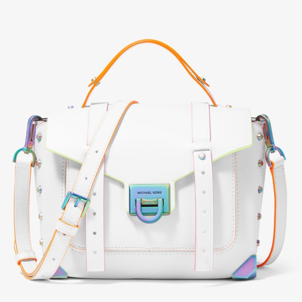 MK Michael Manhattan Medium Trim Leather Satchel cross bag White/ Black neon NEW